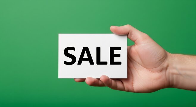 Hand Holding Sale Sign on Green Background