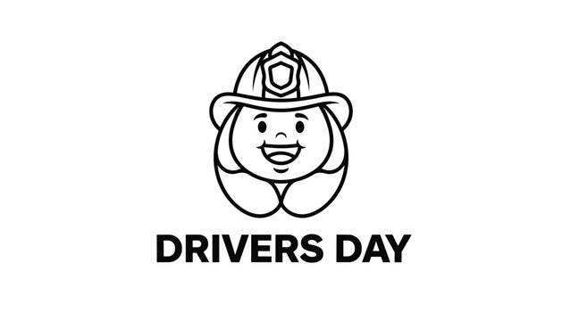 Cute child firefighter head with helmet logo and text drivers day below it, isolated on a white background in simple black line art.