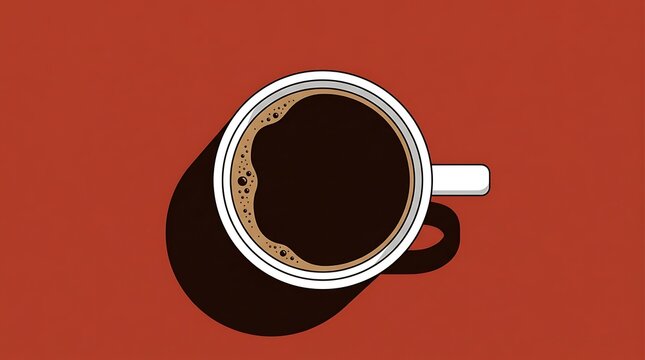Top view of a white ceramic mug filled with black coffee on a red background with directly above minimalist surface viewed directly