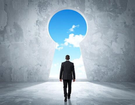 A businessman in a sharp black suit walking toward a keyhole-shaped opening revealing a bright sky, ideal for corporate growth concepts.