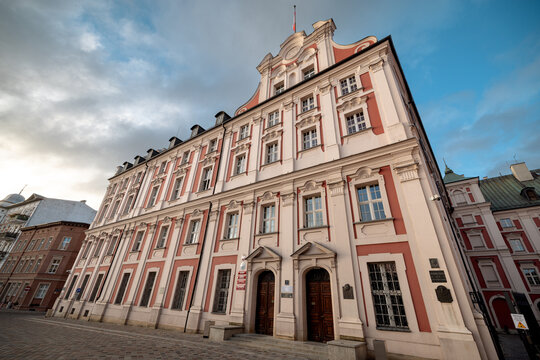 Poznan, Poland - July 8, 2026: Baroque architecture of the former Jesuit complex, Poznan Fara and surrounding historic courtyards forms a major architectural ensemble in Poznan Old Town.