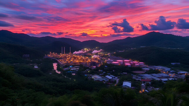 Industrial Oil Refinery and Power Plant Illuminated at Dusk Nestled in Mountain Valley with Dramatic Pink Sunset Sky