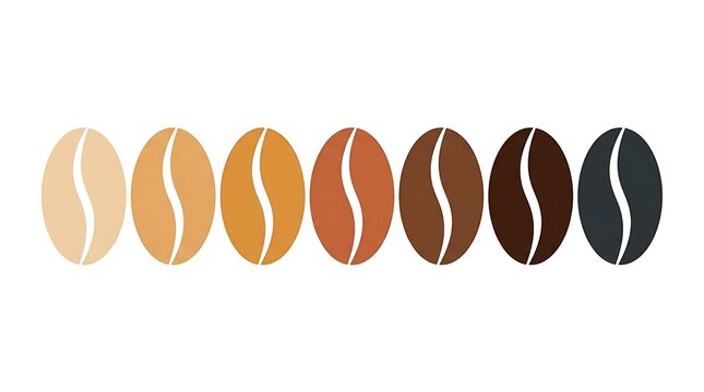 A horizontal row of seven stylized coffee beans showing a gradient of roast levels isolated with showing progression colors tan dark charcoal