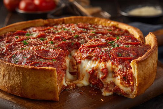 Chicago deep dish pizza filled with rich tomato sauce, mozzarella and pepperoni, cross-section revealing layered ingredients, rustic diner-inspired table, professional food photography