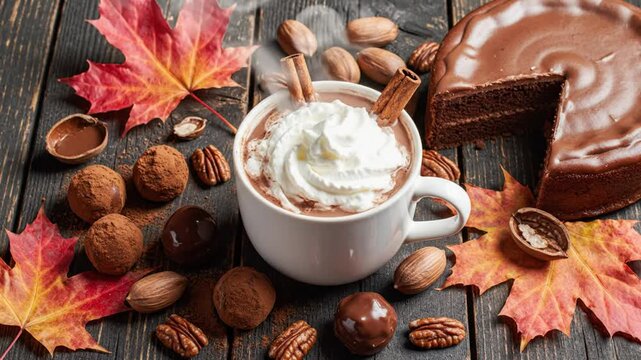 Cozy autumn setting featuring hot chocolate with whipped cream, chocolate cake, truffles, nuts, and fall leaves on rustic wood