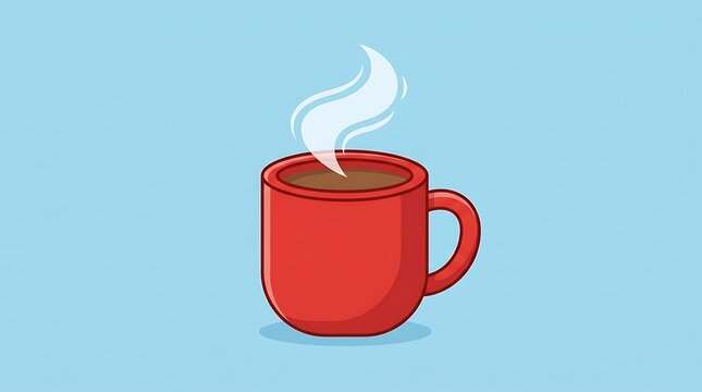 A steaming red ceramic mug filled with hot dark liquid on a plain blue background with beverage sits centered centered against solid