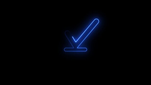 Check mark glowing neon icon animation with futuristic light effect,