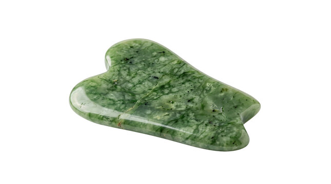 Natural green jade gua sha tool, polished stone facial massager, traditional chinese skincare scraper for beauty and wellness isolated PNG with Transparent Background