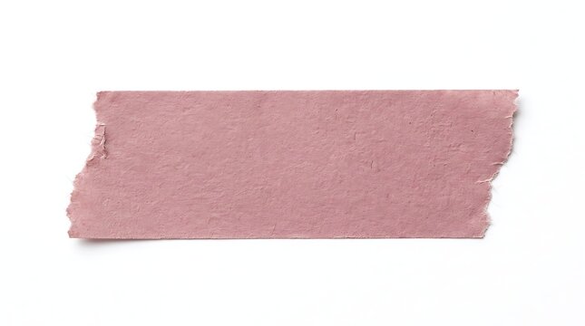 A single strip of pink textured adhesive masking tape isolated on a clean white background with rough paper texture torn edges isolated