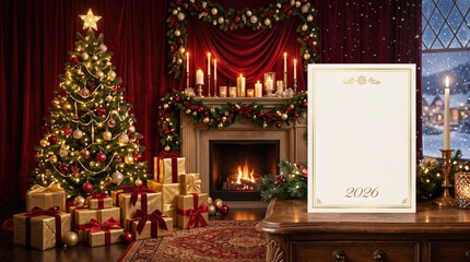 Fototapeta premium Luxury Christmas Fireplace with Red Curtain Decorated Tree and Holiday Gifts