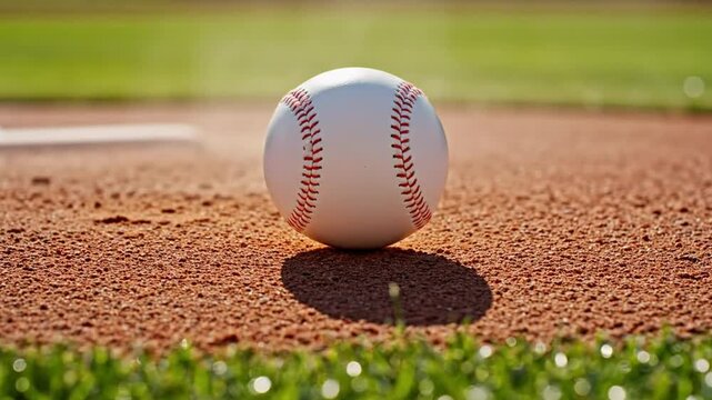 Close-up of a baseball resting on the infield clay of a baseball field with vibrant green grass