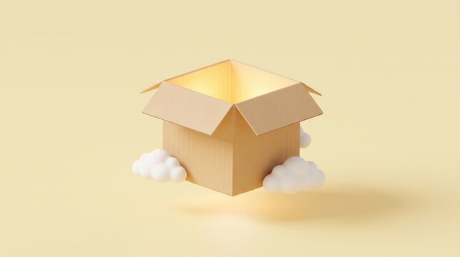 Open Cardboard Box with Glowing Light and Floating Clouds