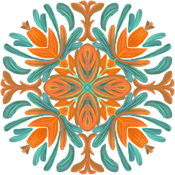 Orange Teal Botanical Mandala With Symmetrical Floral Motif