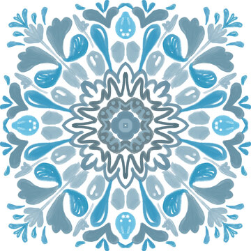 Blue Botanical Mandala Ornament With Radial Floral Pattern