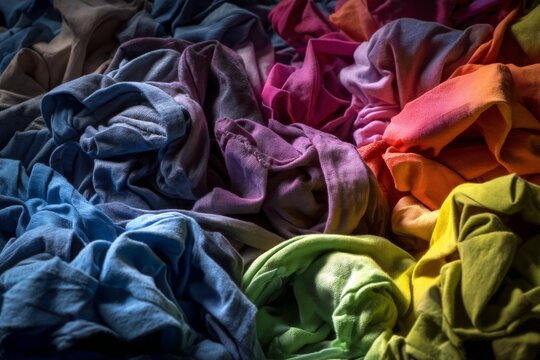 Colorful piles of wrinkled clothing on a bed create a vibrant scene in a laundry room during daylight hours