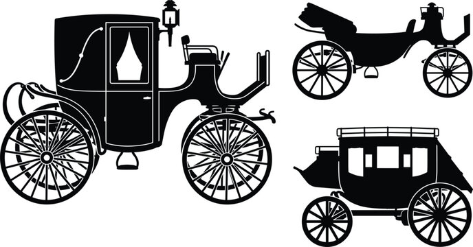 Vector vintage horse carriage black silhouette icon set containing royal coach stagecoach and retro transport wagon collection