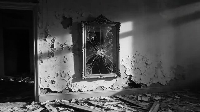Eerie black and white shot of shattered mirror in abandoned room with crumbling walls and debris, a haunting scene