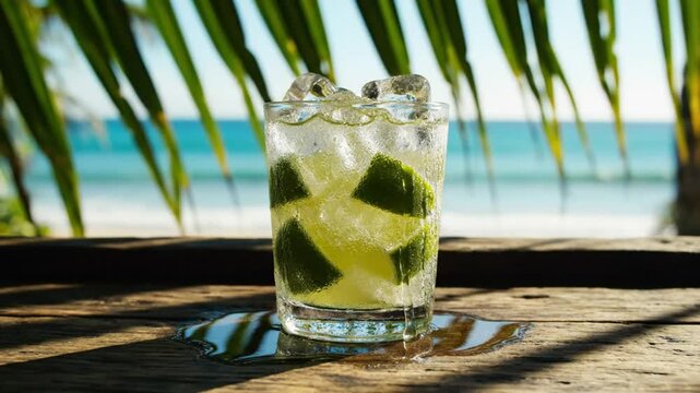 Refreshing caipirinha cocktail in glass with ice and lime slices on wooden table with blurred tropical beach background
