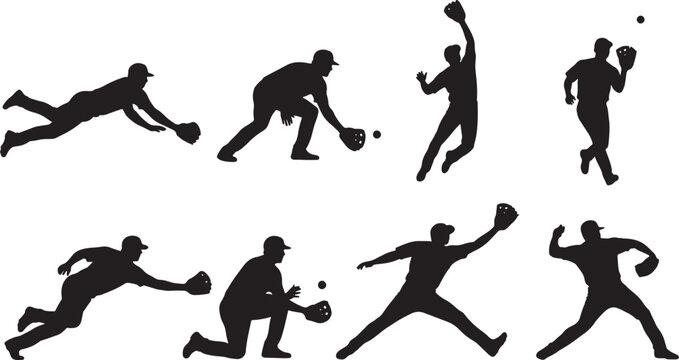 Professional Baseball Player Silhouettes in Energetic Catching, Throwing and Running Poses