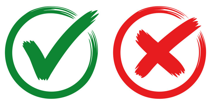 Checkmark and crossmark, tick and cross, OK and X brush sign vector illustration