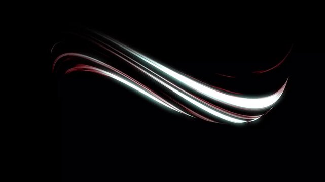 Cold air circulation animation from air conditioner, red flowing white wind ribbons spreading horizontally, ventilation effect, futuristic glowing airflow particles on black screen background 4K