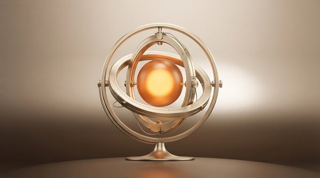 Close-up of glowing gyroscope with celestial sphere in dark environment