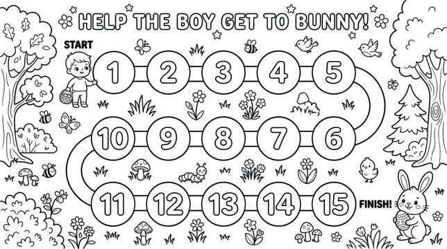 Kids Number Board Game Maze Coloring Page Vector with Easter Theme Counting Path from 1 to 15, Cute Boy, Forest Animals, and Bunny Outline Activity Sheets