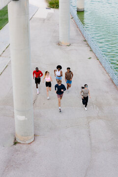 Aerial view of a diverse group of friends training together