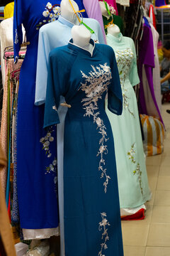 Traditional ao dai dresses on mannequins in Da Nang