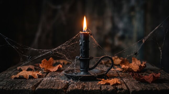 Burning black candle surrounded by spider webs, spiders and autumn leaves creating a mysterious Halloween atmosphere.