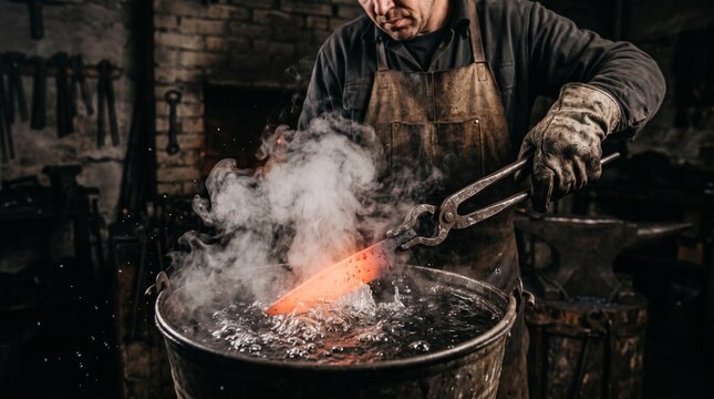 Skilled blacksmith quenching a red-hot steel blade in a bucket of liquid, highlighting metal hardening technique, steam reaction, and artisan knifemaking