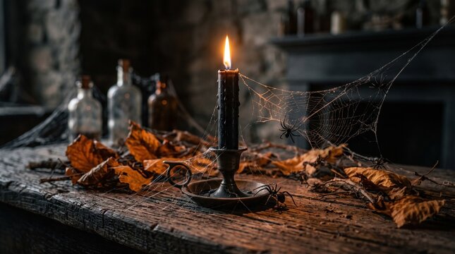 Burning black candle surrounded by spider webs, spiders and autumn leaves creating a mysterious Halloween atmosphere.