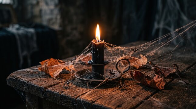 Burning black candle surrounded by spider webs, spiders and autumn leaves creating a mysterious Halloween atmosphere.