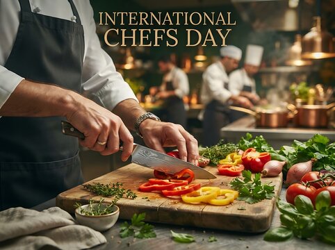 Professional chef preparing fresh vegetables in a busy restaurant kitchen for international chefs day, showcasing culinary expertise and teamwork
