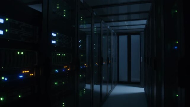 Futuristic server room in a dark data center with glowing LED lights on racks and supercomputer hardware
