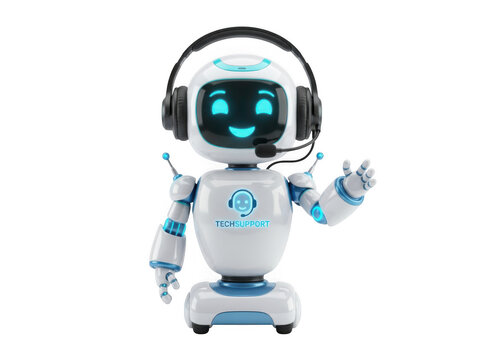 3d illustration of a friendly white robot with headphones and a microphone, waving hello, isolated on transparent background