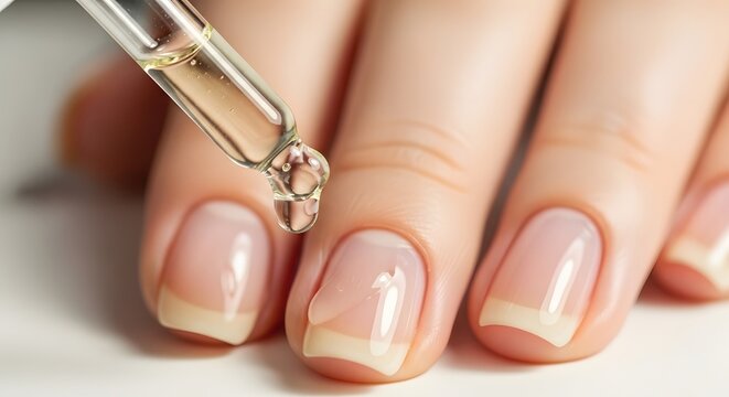 Close-up of a dropper applying nourishing oil to natural fingernails and cuticles for healthy nail care.