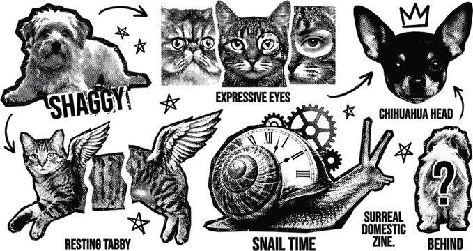 Surreal Zine Collage Graphic Element Asset Sheet with Halftone Retro Shaggy Dog, Steampunk Snail Clock, Split Tabby Cat Wings, and Chihuahua Head Tattoo Designs
