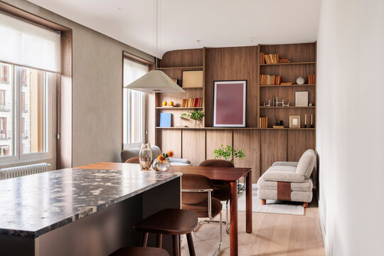Living room and dining space with island