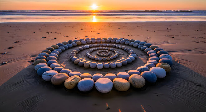 Stone circles arranged on a wet beach at sunset