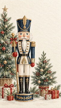 Whimsical nutcracker among Christmas trees and gifts