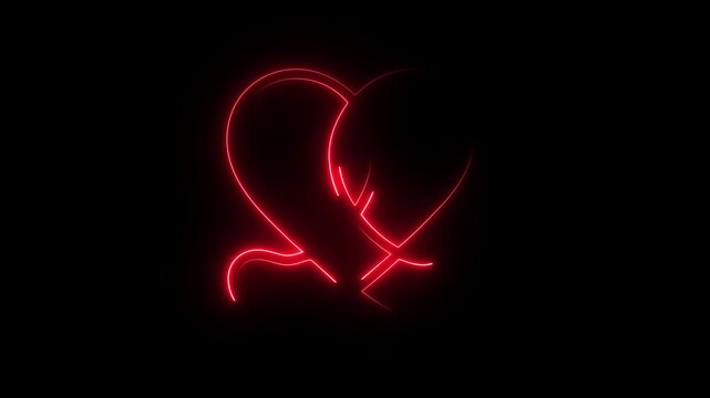 Bright red glowing neon heart outline animation isolated on a solid black background for love