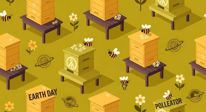 Seamless pattern with isometric beehives and flying bees for Earth Day celebration.