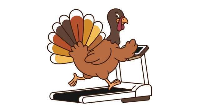 Cartoon turkey running on treadmill illustration with transparent background