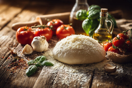 Gourmet pizza ingredients still life, parmesan cheese, basil, tomatoes, garlic, olive oil and flour surrounding fresh pizza dough, rustic wooden table, warm sunlight, no people, no hands, no logo