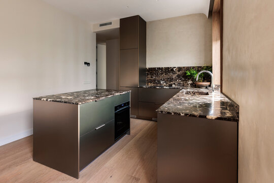 Dark marble kitchen island setup
