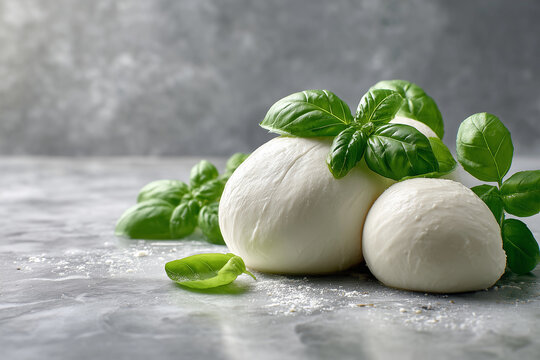 Artisan mozzarella cheese and fresh basil ingredient composition for pizza making, elegant marble countertop, soft diffused daylight, realistic premium food photography, no people, no hands, no logo