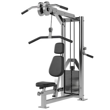 Multi-station gym equipment with bench press and leg extension features on.