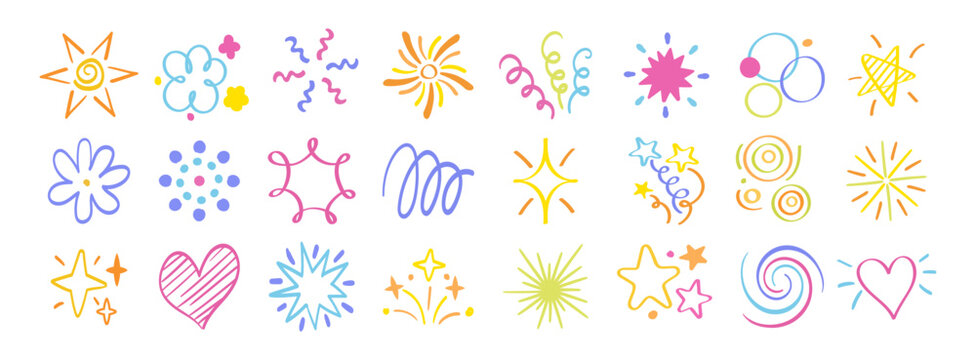 Star icons. Cute kid birthday sticker, funny spiral shape or hand drawn line marker brush sketch. Fun color symbol, hearts, spirals and confetti. Vector design, doodles isolated elements set