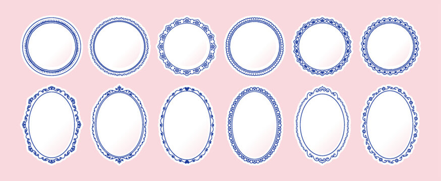 Scallop frame. Vintage floral plate border, italian oval pattern or doodle retro round shape. Wavy classic circle design. Blue ornamental round and oval plates. Vector hand drawn illustration